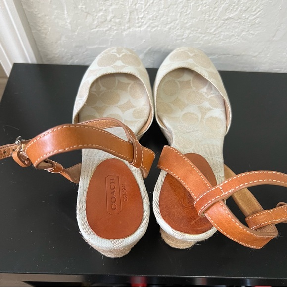 Coach Valerie Cream Tan Canvas Espadrilles Jute Wedges Orange Leather Size 8.5 - Picture 3 of 7